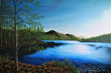 Peinture intitulée "Dawn Across Loch Mo…" par Hazel Thomson, Œuvre d'art originale, Huile Monté sur Châssis en bois