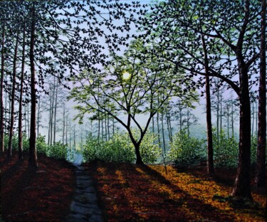Painting titled "Autumn Light In The…" by Hazel Thomson, Original Artwork, Oil Mounted on Wood Stretcher frame