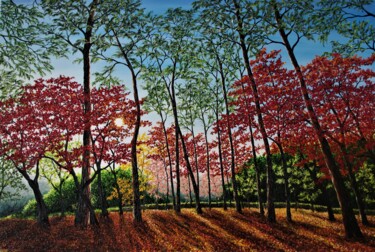 Malarstwo zatytułowany „Woodlands in Japan…” autorstwa Hazel Thomson, Oryginalna praca, Olej Zamontowany na Drewniana rama n…