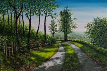 Painting titled "A Country Lane In S…" by Hazel Thomson, Original Artwork, Oil Mounted on Wood Stretcher frame