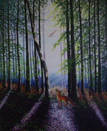 Schilderij getiteld "Twilight Hunt" door Hazel Thomson, Origineel Kunstwerk, Olie Gemonteerd op Frame voor houten brancard