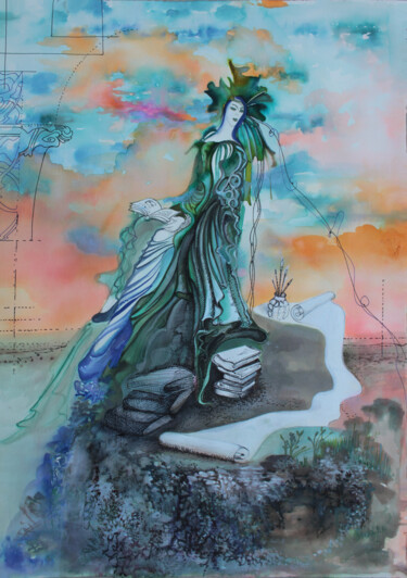 Картина под названием "L'ECRIVAINE SUR LE…" - Hilda Garman, Подлинное произведение искусства, Акварель