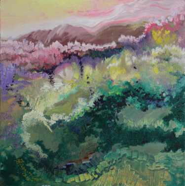 Painting titled "PAYSAGE IMAGINAIRE…" by Hilda Garman, Original Artwork, Oil Mounted on Wood Stretcher frame