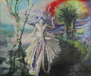 Pintura intitulada "Femme Fleur dans Le…" por Hilda Garman, Obras de arte originais, Óleo Montado em Armação em madeira