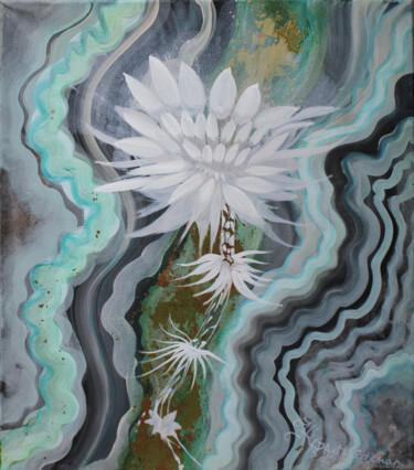 Schilderij getiteld "Fleur Blanche de la…" door Hilda Garman, Origineel Kunstwerk, Olie Gemonteerd op Frame voor houten bran…
