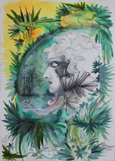 Peinture intitulée "Profil imaginaire d…" par Hilda Garman, Œuvre d'art originale, Aquarelle