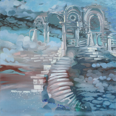 Painting titled "Ruine bleue" by Hilda Garman, Original Artwork, Oil Mounted on Wood Stretcher frame
