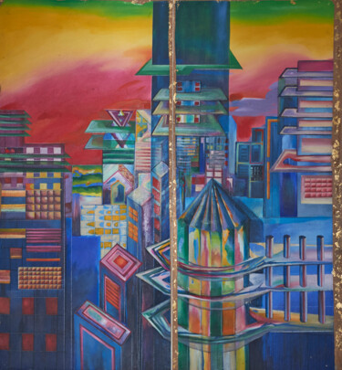 Peinture intitulée "Ville Colorée derri…" par Hilda Garman, Œuvre d'art originale, Huile