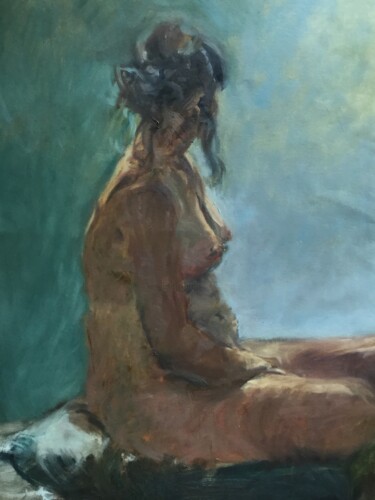 Painting titled "model looking backw…" by Hilde Plessers, Original Artwork, Oil Mounted on Cardboard