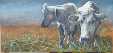 Pintura titulada "Two cows in a field" por Hilde Plessers, Obra de arte original, Oleo Montado en Bastidor de camilla de mad…