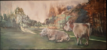Peinture intitulée "Two cows at the dawn" par Hilde Plessers, Œuvre d'art originale, Huile