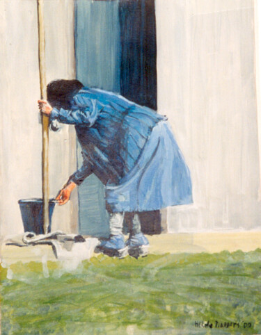 Schilderij getiteld "With bucket and flo…" door Hilde Plessers, Origineel Kunstwerk
