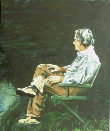 Painting titled "Man in green garden…" by Hilde Plessers, Original Artwork