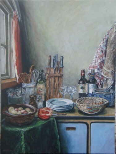 Painting titled "Near the kitchen wi…" by Hilde Plessers, Original Artwork, Oil