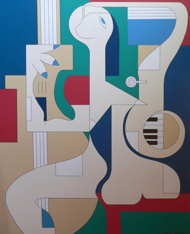 Painting titled "Le Saxo joue le Con…" by Hildegarde Handsaeme, Original Artwork, Acrylic Mounted on Aluminium