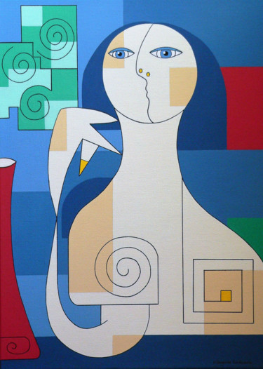 Painting titled "Fiori verdi in vaso…" by Hildegarde Handsaeme, Original Artwork, Acrylic Mounted on Aluminium