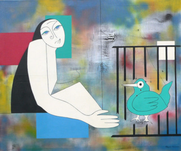 Painting titled "Women with bird" by Hildegarde Handsaeme, Original Artwork, Acrylic Mounted on Cardboard