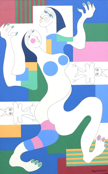 Painting titled "Dancing with the bi…" by Hildegarde Handsaeme, Original Artwork, Acrylic Mounted on Wood Stretcher frame