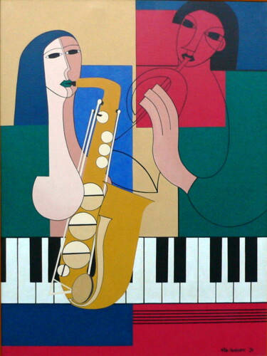 Pittura intitolato "une saxophoniste dé…" da Hildegarde Handsaeme, Opera d'arte originale, Acrilico