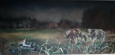 Painting titled "Tree cows near the…" by Hilde Plessers, Original Artwork, Oil