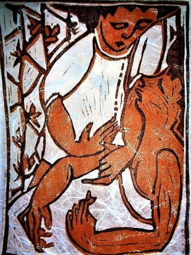 "The Massage" başlıklı Baskıresim Hilary Mullany tarafından, Orijinal sanat, Linocut