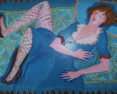 Schilderij getiteld "Girl on a Rug 1." door Hilary Mullany, Origineel Kunstwerk, Acryl