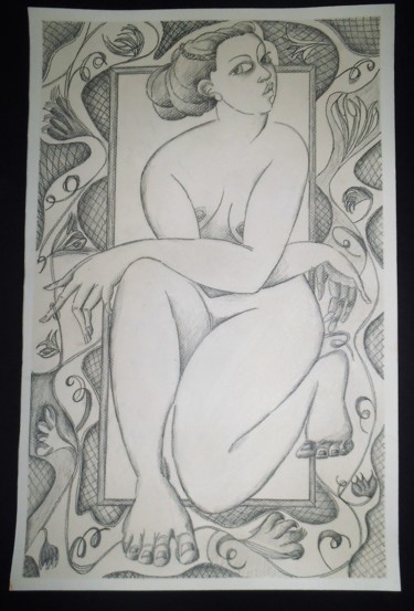 Zeichnungen mit dem Titel "Kneeling Nude 2." von Hilary Mullany, Original-Kunstwerk, Bleistift