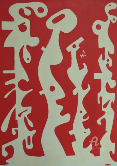 Schilderij getiteld "MONSTRES SUR FOND R…" door Hippo, Origineel Kunstwerk, Olie