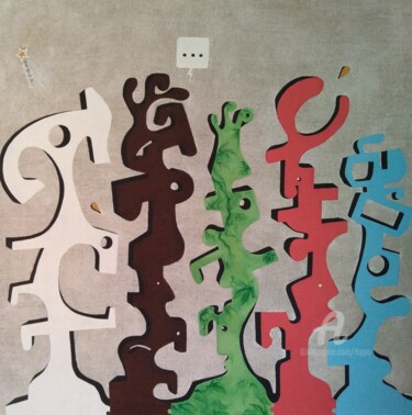 Malerei mit dem Titel "CINQ MONSTRES SUR F…" von Hippo, Original-Kunstwerk, Acryl