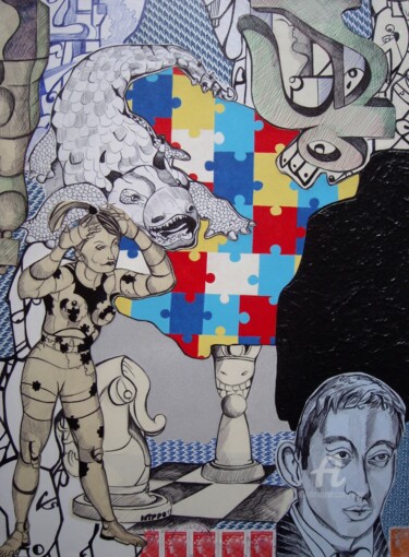 Pittura intitolato "COLLAGE ECHEC ET MAT" da Hippo, Opera d'arte originale, Collages