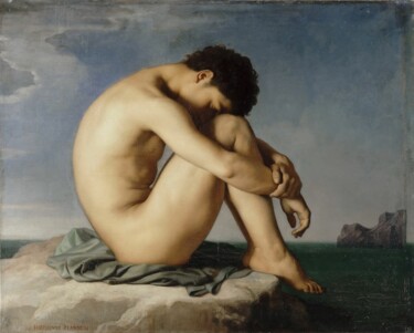 Schilderij getiteld "Jeune homme nu assi…" door Hippolyte Flandrin, Origineel Kunstwerk, Olie