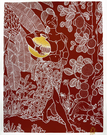 Рисунок под названием "VILLAGE WOMAN" - Hiranya R, Подлинное произведение искусства, Чернила