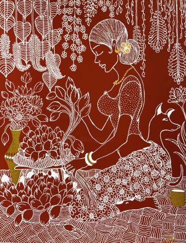 Dessin intitulée "THE LOTUS SELLER" par Hiranya R, Œuvre d'art originale, Encre