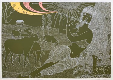 Disegno intitolato "SHEPHERD GIRL" da Hiranya R, Opera d'arte originale, Inchiostro