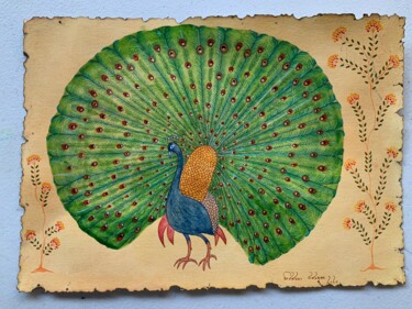 Disegno intitolato "DANCING PEACOCK" da Hiranya R, Opera d'arte originale, Acquarello