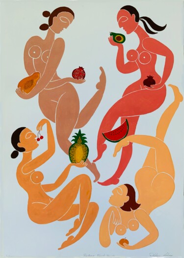 Dessin intitulée "Bather's Fruit Punch" par Hiranya R, Œuvre d'art originale, Gouache