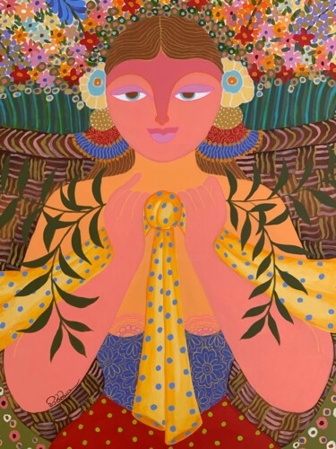 Painting titled "The Flower Carrier…" by Hiranya R, Original Artwork, Acrylic Mounted on Wood Stretcher frame