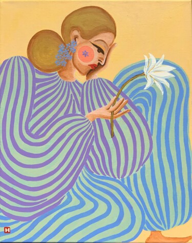 Картина под названием "White Lotus" - Hiranya R, Подлинное произведение искусства, Акрил Установлен на Деревянная рама для н…