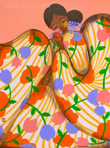 Malarstwo zatytułowany „Woman with Orange” autorstwa Hiranya R, Oryginalna praca, Akryl Zamontowany na Drewniana rama noszy