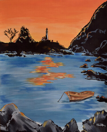 Painting titled "Lighthouse sunset" by Hiten Mistry, Original Artwork, Acrylic