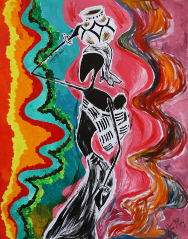 Malerei mit dem Titel "Zambian mother and…" von Hiten Mistry, Original-Kunstwerk, Acryl