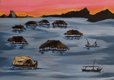 Painting titled "fishing cove" by Hiten Mistry, Original Artwork, Acrylic