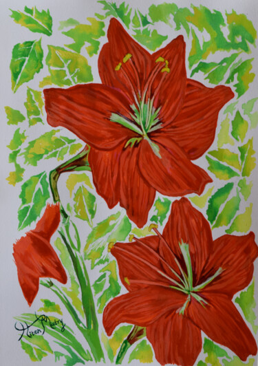 Painting titled "Red amaryllis paint…" by Hiten Mistry, Original Artwork, Acrylic