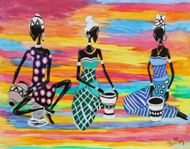 Pintura titulada "3 african figurines…" por Hiten Mistry, Obra de arte original, Acrílico