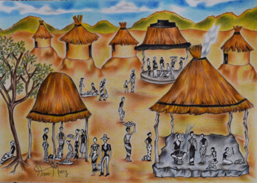 Disegno intitolato "Zambian village sce…" da Hiten Mistry, Opera d'arte originale, Matita