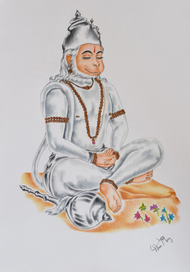 Drawing titled "Hanuman dada" by Hiten Mistry, Original Artwork, Pencil