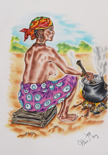 Рисунок под названием "Zambian traditional…" - Hiten Mistry, Подлинное произведение искусства, Карандаш