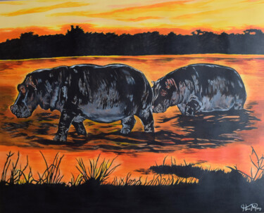 Painting titled "hippos ( sunset )" by Hiten Mistry, Original Artwork, Acrylic