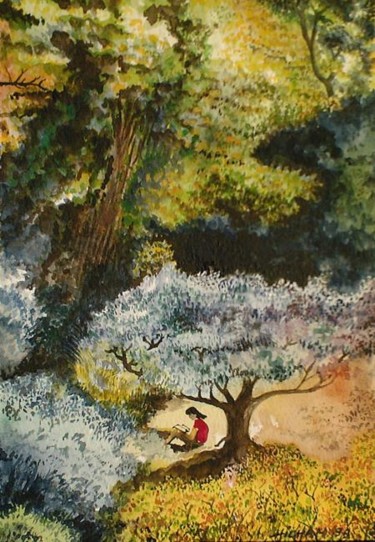Painting titled "Reading-under_olive…" by Hiya, Original Artwork