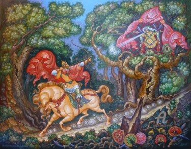 Peinture intitulée "Илья Муромец и Соло…" par Sergey Guz, Œuvre d'art originale, Tempera